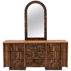 Oak Brutalist Style Dresser and Mirror