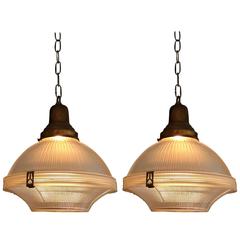 Pair of Industrial Holophane Glass Factory Pendant Lights 11