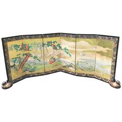 Japanese Antique Gold Birds, Cherry Tree, Mountains Hand-Painted Screen