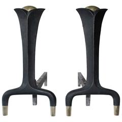 Pair of Andirons, style of Donald Deskey for Bennet in Wrought Iron, circa 1945 2