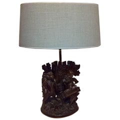 Antique Black Forest  Swiss Table Lamp Wood Hand-Carved Sculpture 