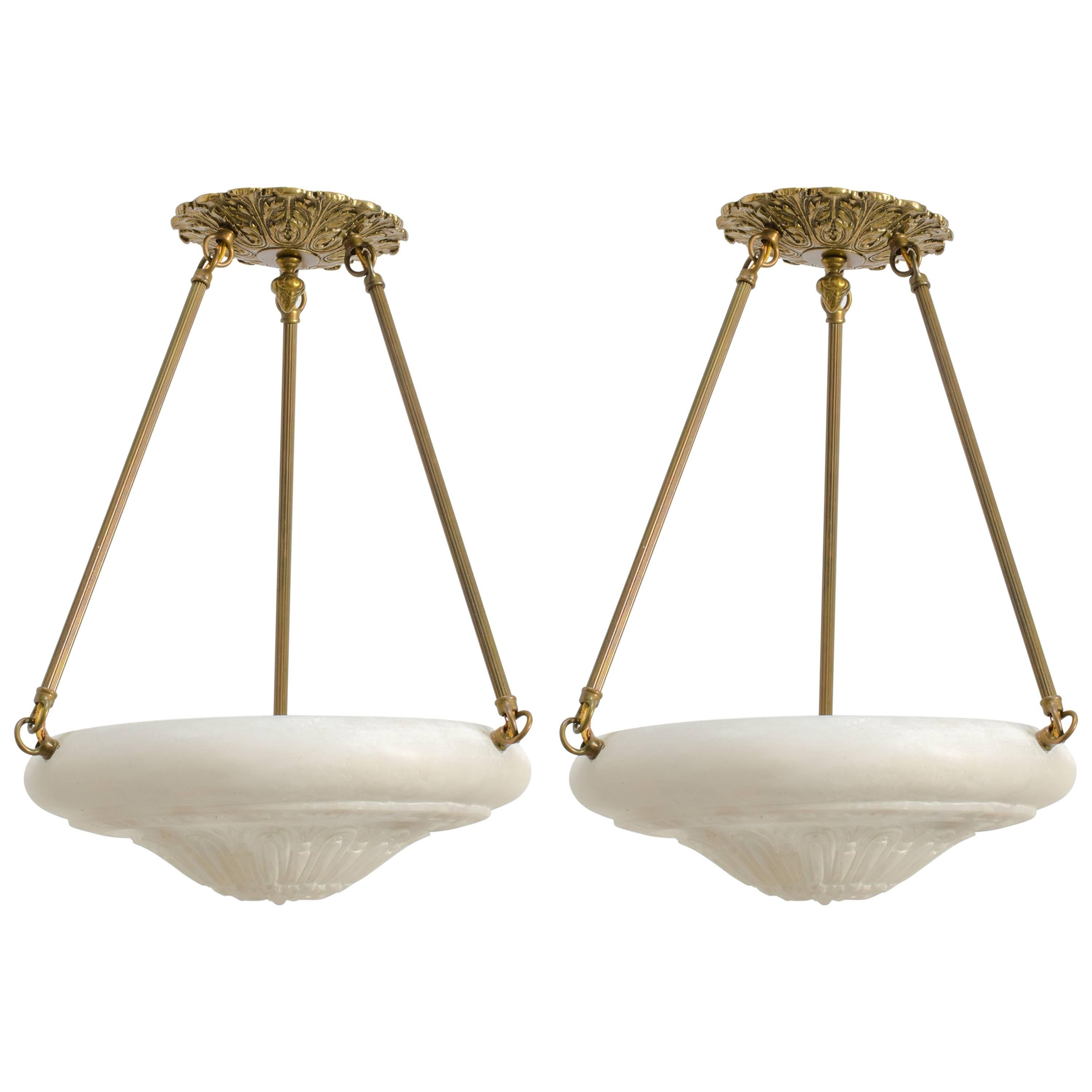 Pair of Carved Alabaster and Brass Chandeliers