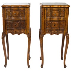 Pair of 1940s Diminutive French Carved Wood / Marble Top Side Tables