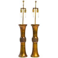 Pair of James Mont Style Burnished Metal Lamps