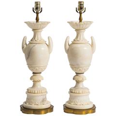 Pair of 1950s Carved Classical Marble Urn Table Lamps