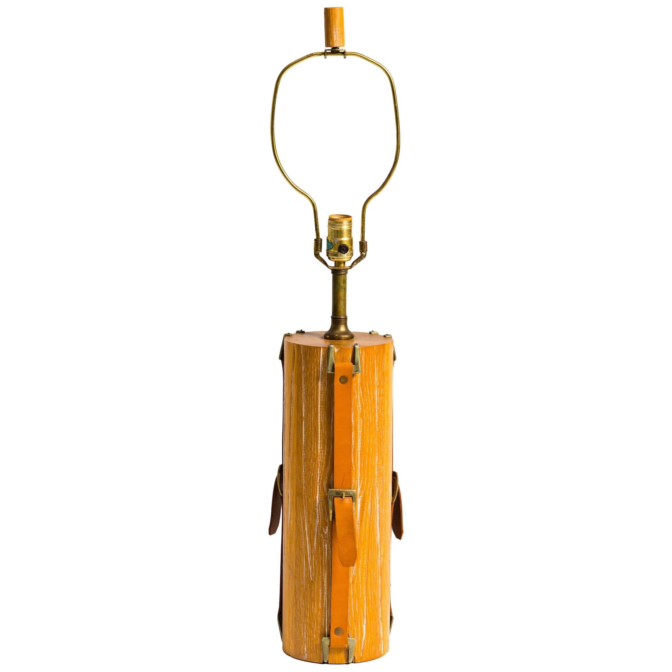 Lampe de bureau à lanières en bois et cuir des années 1950