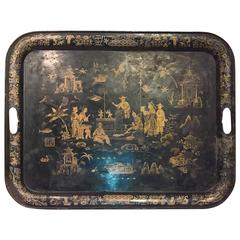 19th Century Large Chinoiserie Iron Tray with Black and Gold Detailing