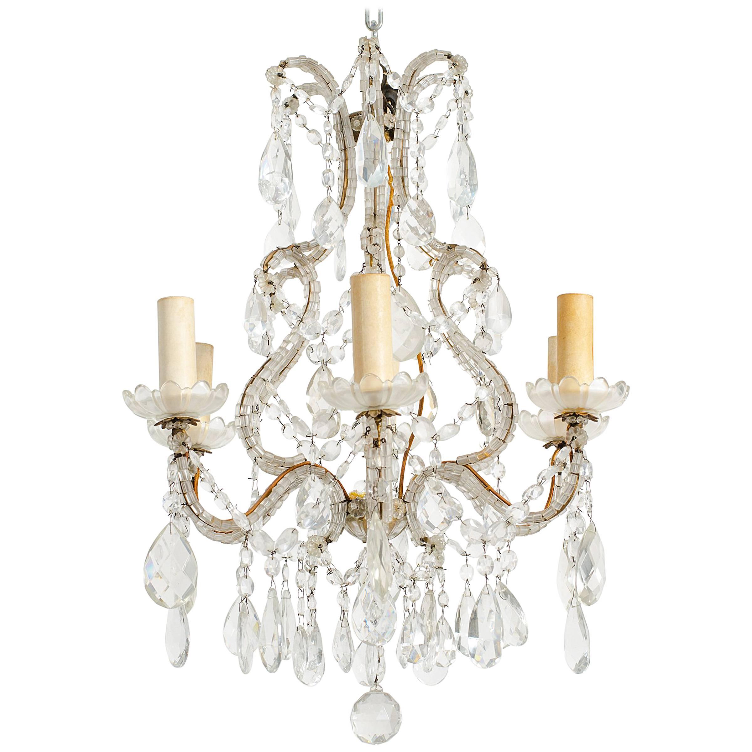 1950s Beaded French Six-Arm Chandelier