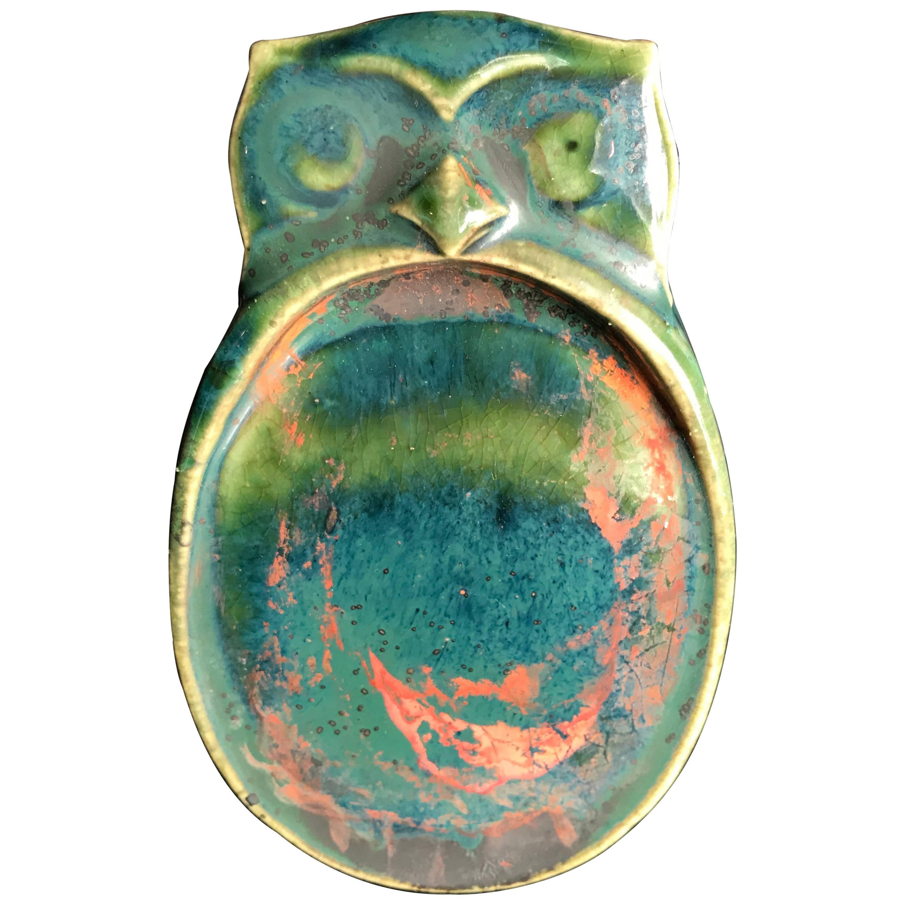 Owl Blue Glazed Ceramic Ink Stone from Old Japan