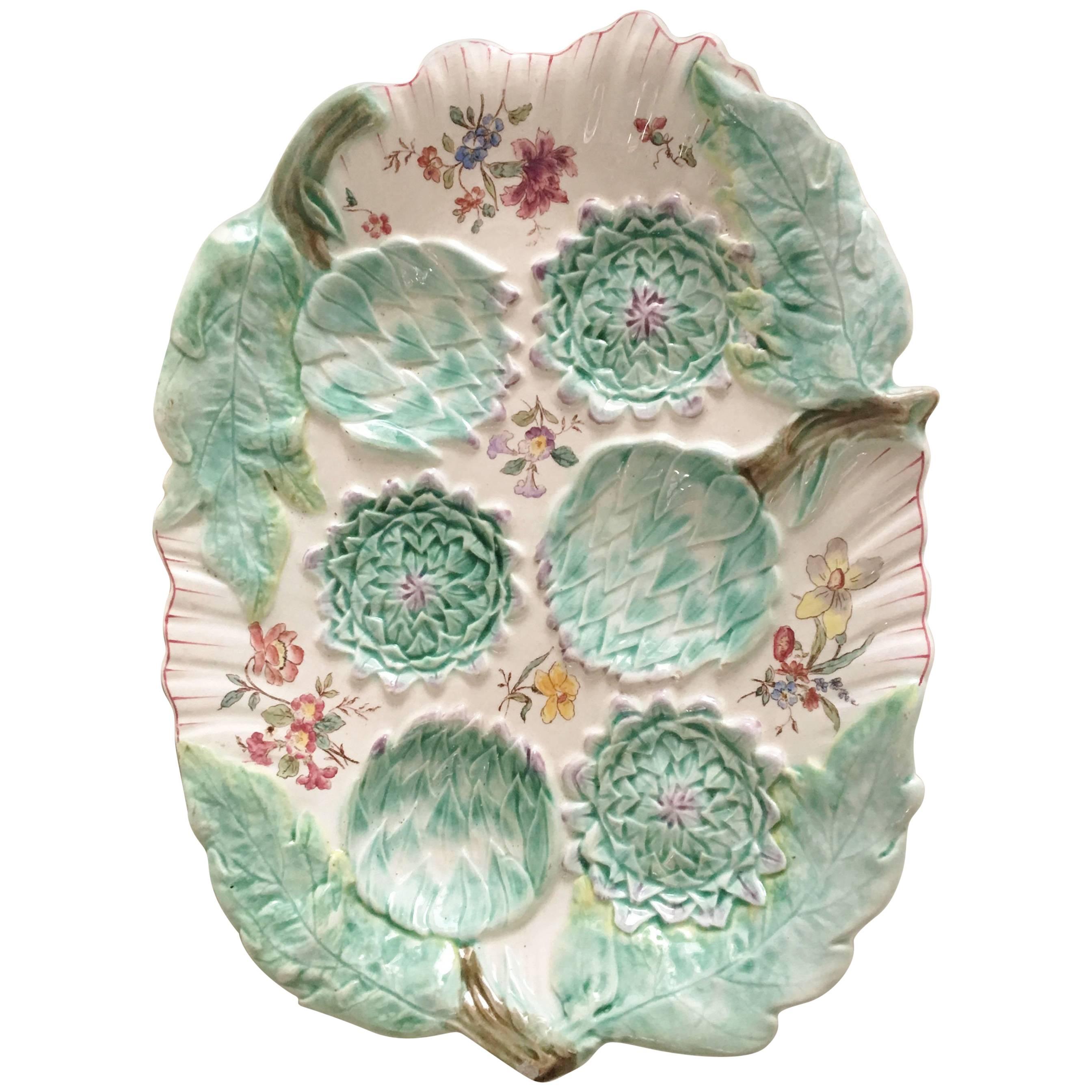 19th Century Rare Majolica Artichoke Platter Longchamp