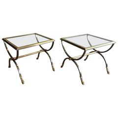 Pair of Neoclassical Brushed Steel and Brass Side Tables by Maison Jansen