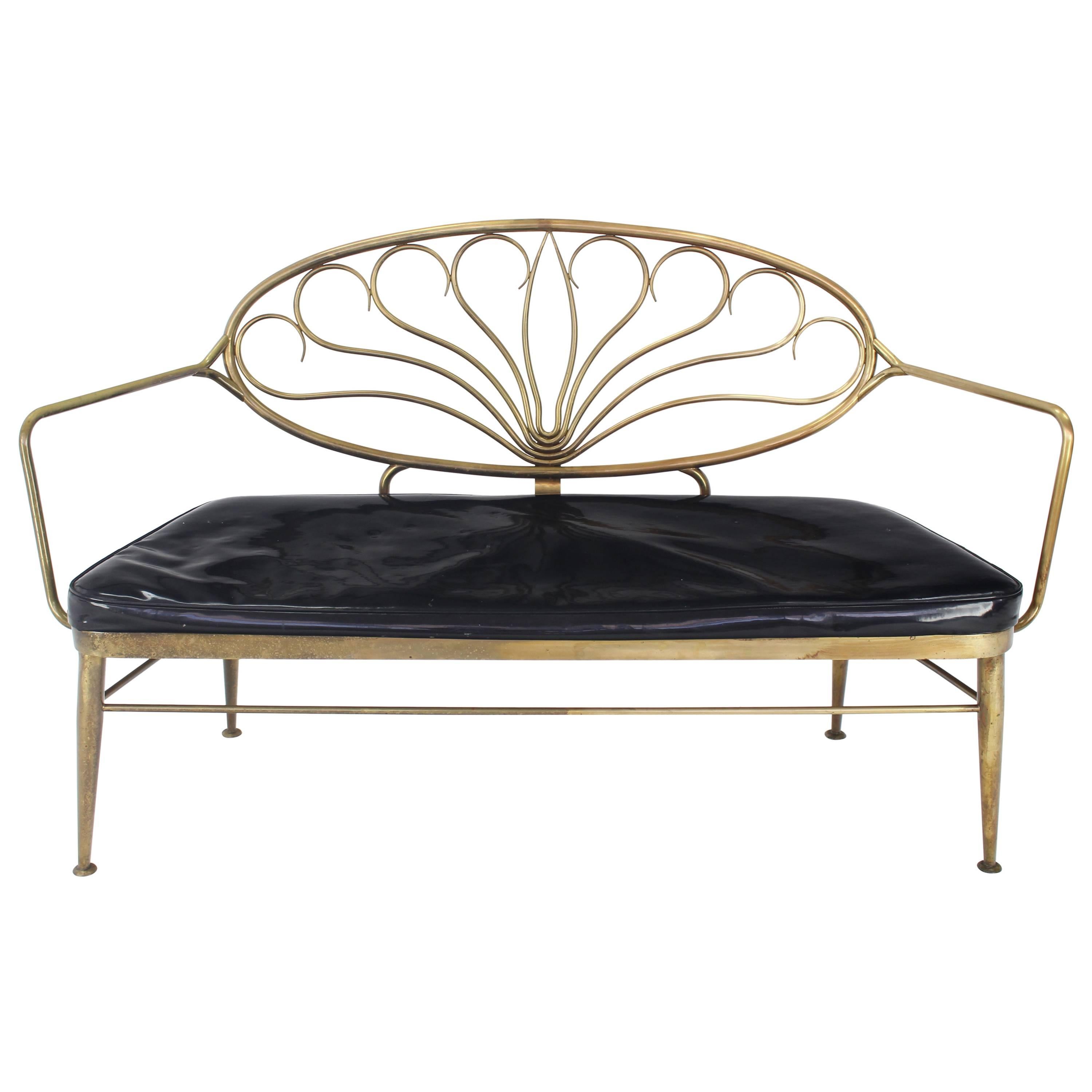 Solid Brass Scallop Back Mid-Century Loveseat Settee Bench For Sale