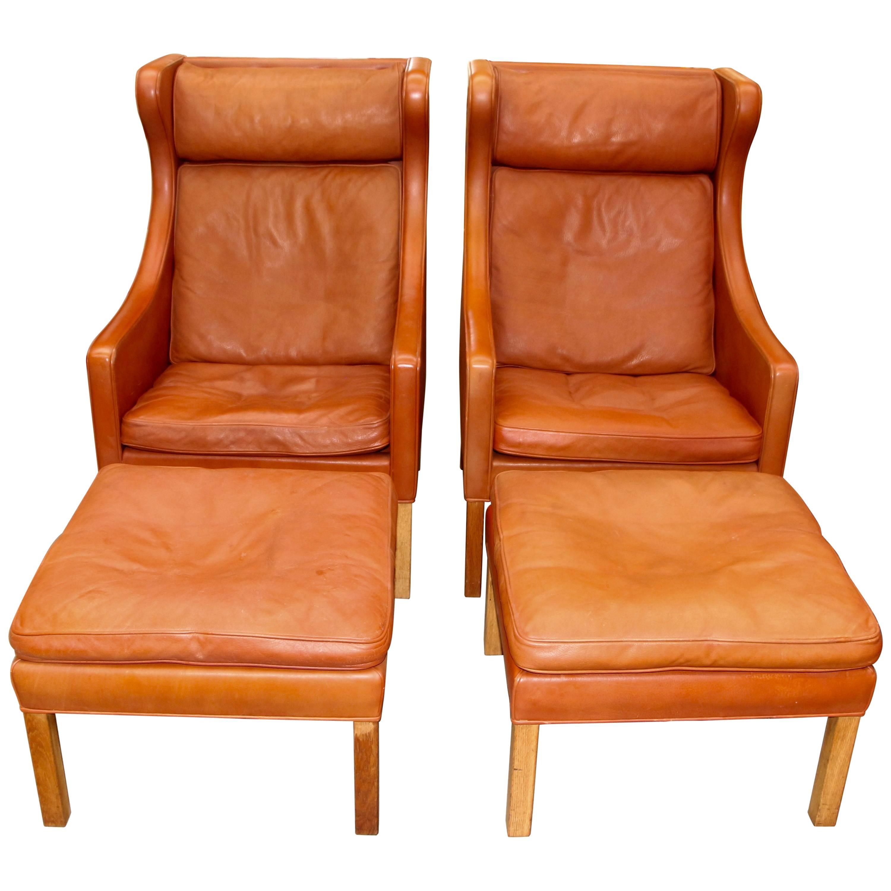 Pair of Børge Mogensen for Fredericia Wing Chairs and Ottomans