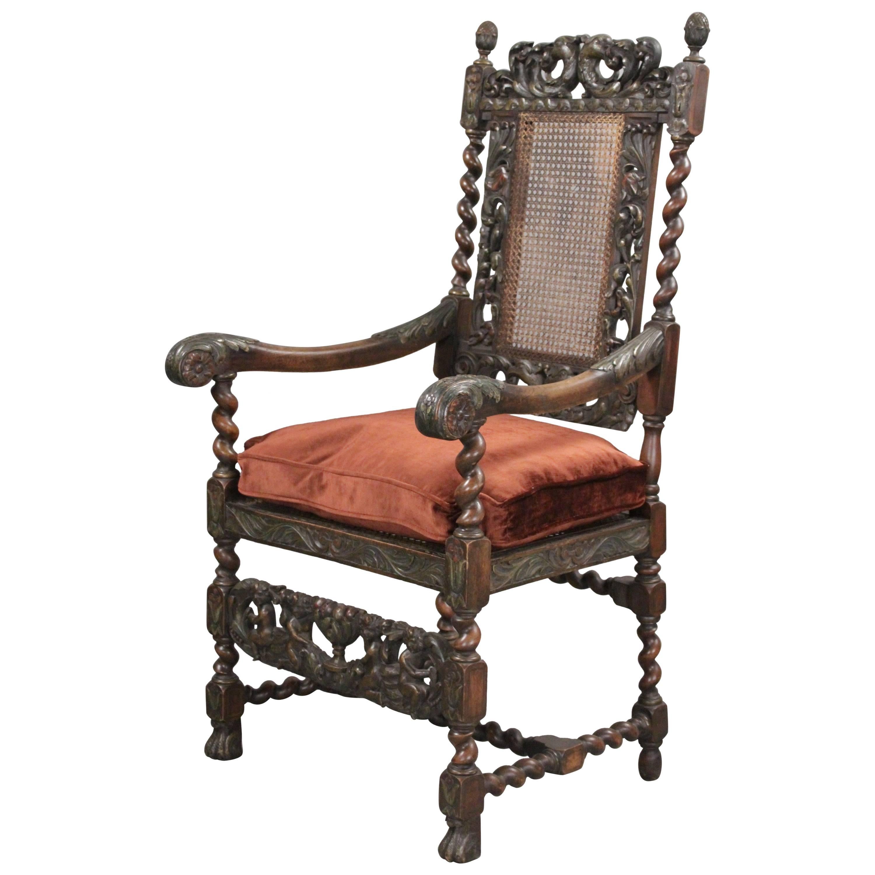 Early 1900s Carved Spanish Revival Chair with Velvet Upholstery