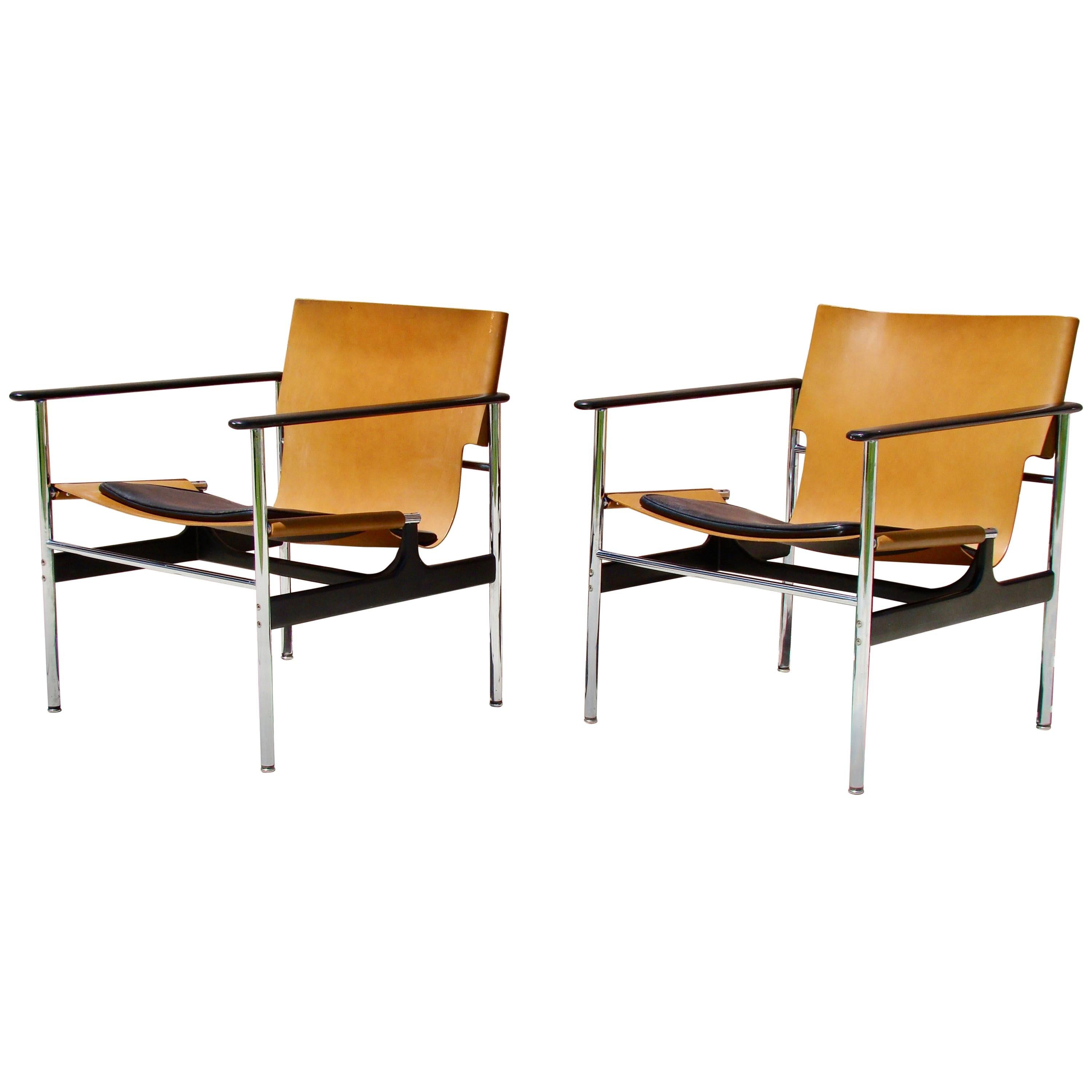 Pair of Knoll Charles Pollack "Sling Chairs" 657 Leather, Steel and Aluminum 
