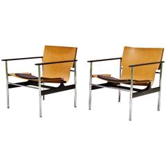 Vintage Pair of Knoll Charles Pollack "Sling Chairs" 657 Leather, Steel and Aluminum 