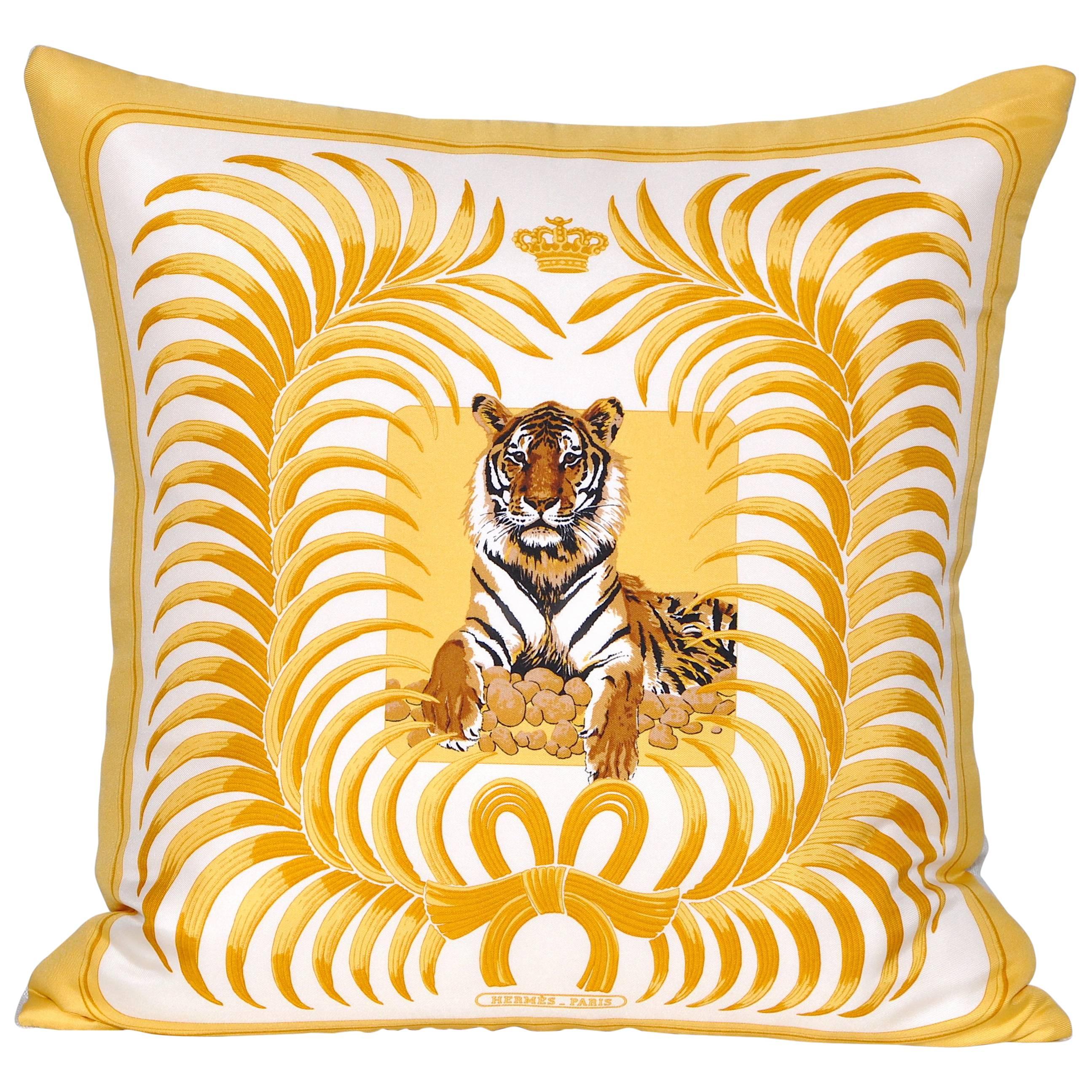 Vintage Hermes Gold Yellow Tiger Silk Scarf and Irish Linen Cushion Pillow