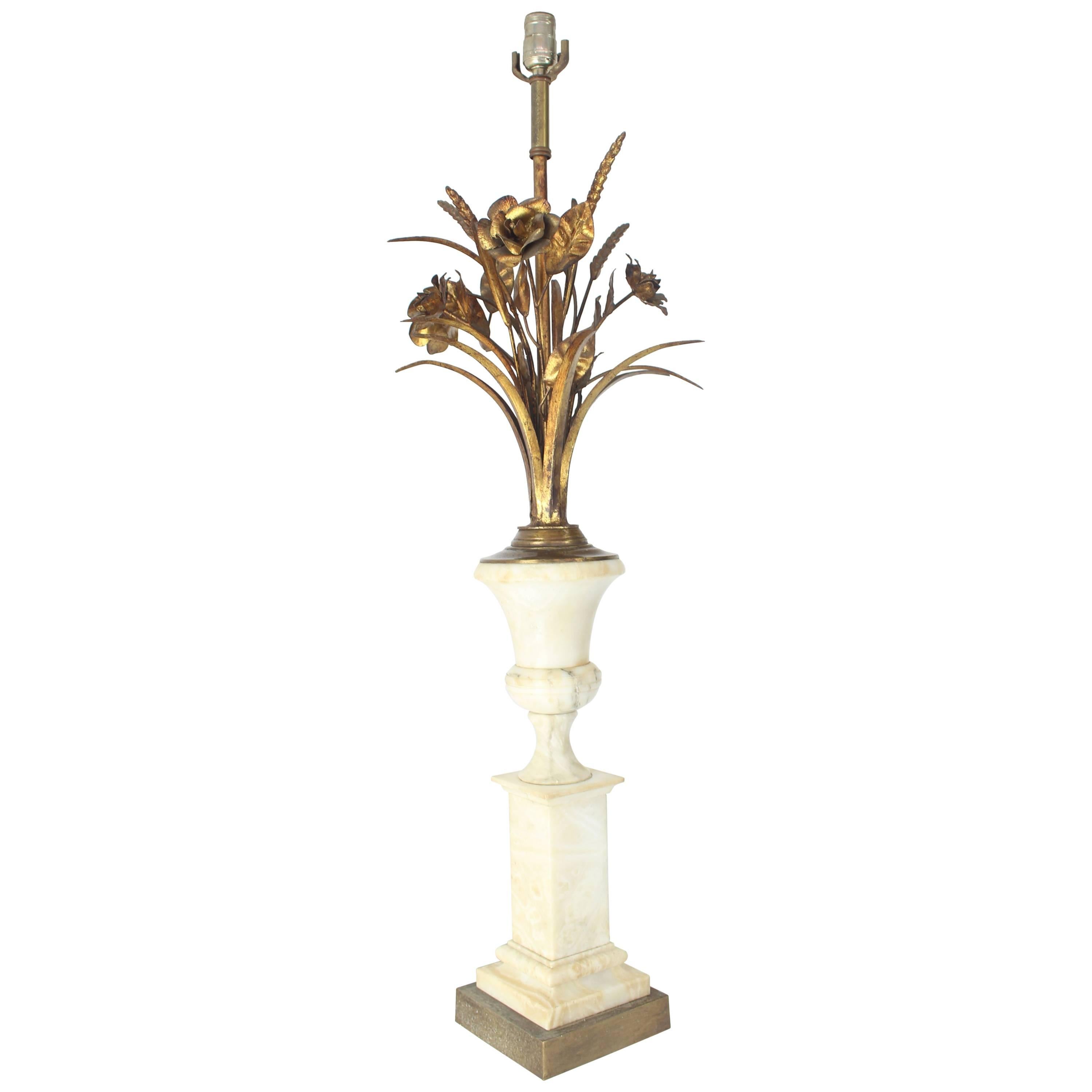Wheat Sheath Flowers Marble Pedestal Shape Base Table Lamp For Sale
