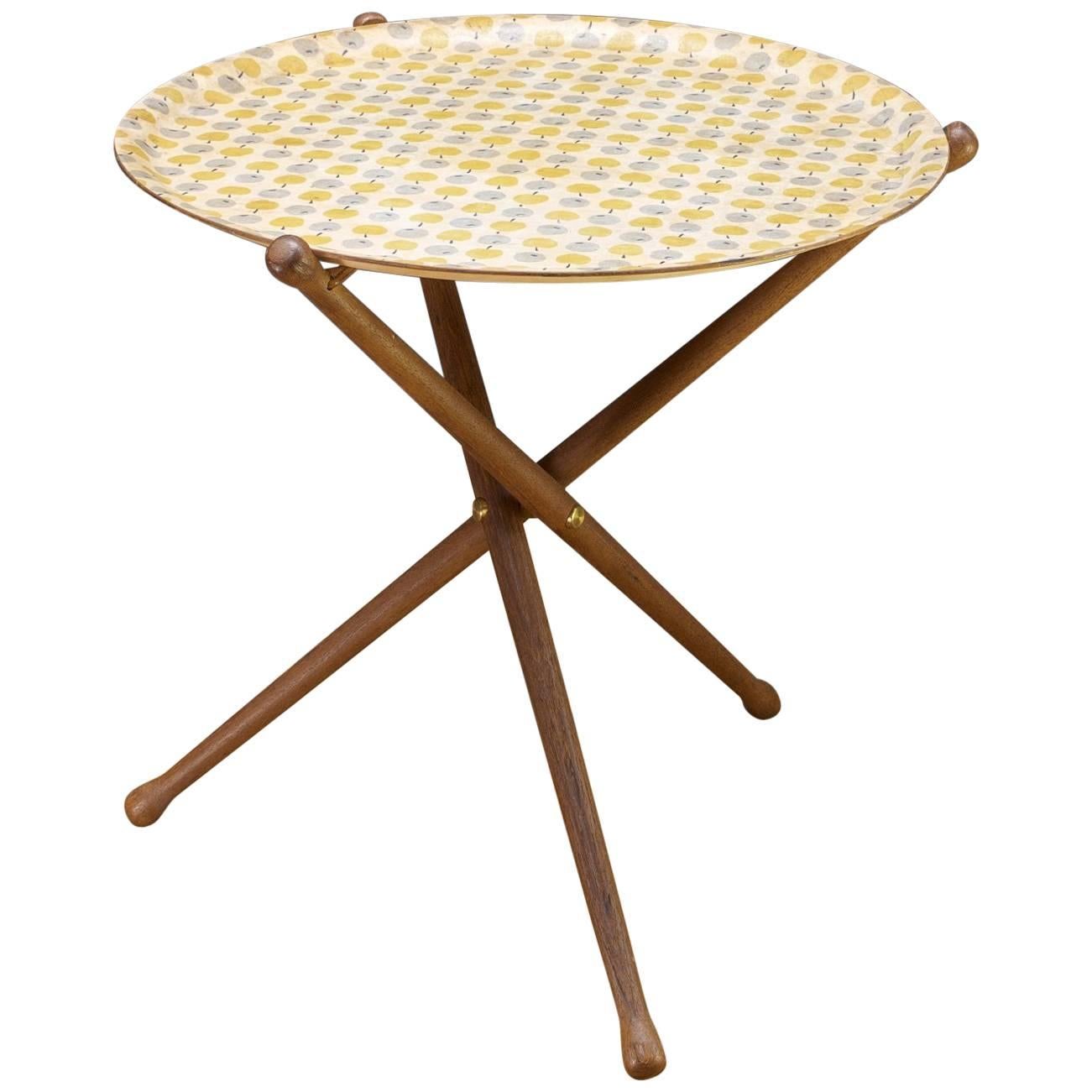 Nils Trautner Tripod Teak Table with Astrid Sampe Apple Pattern Tray For Sale