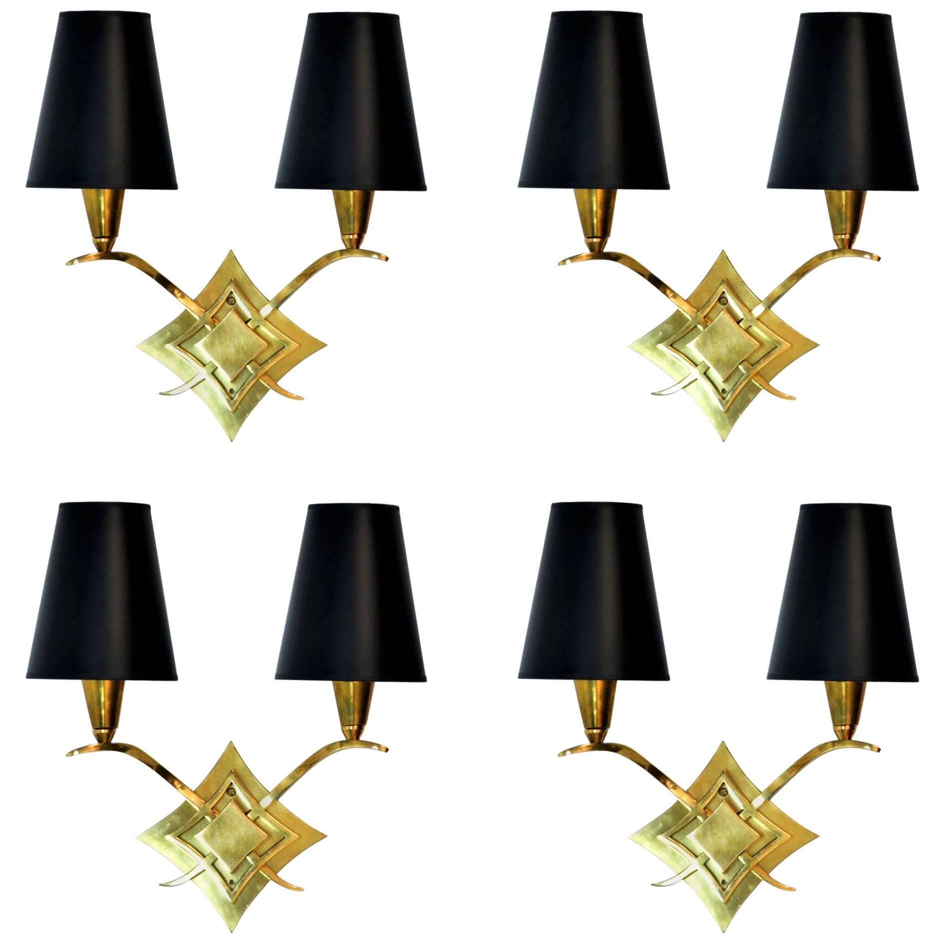 Set of Four French Brass Sconces Attributed to Leleu For Sale