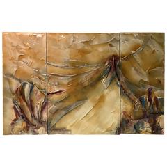 Signed Modernist Abstract Lacquer Design Triptych Paintings
