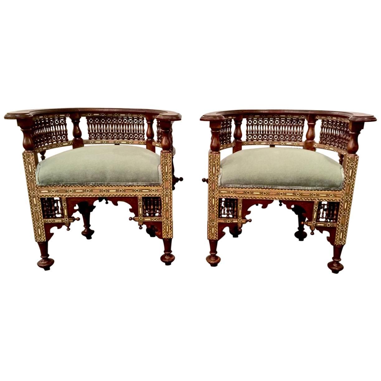 Pair of Antique Syrian Barrel Back Inlaid Chairs