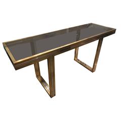 1970s Brass and Steel Smoked Glass Top Table Console at Rega manner