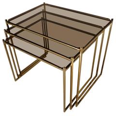 Milo Baughman Nesting Tables, Gold Plated and Smoked Glass, 1970s, American