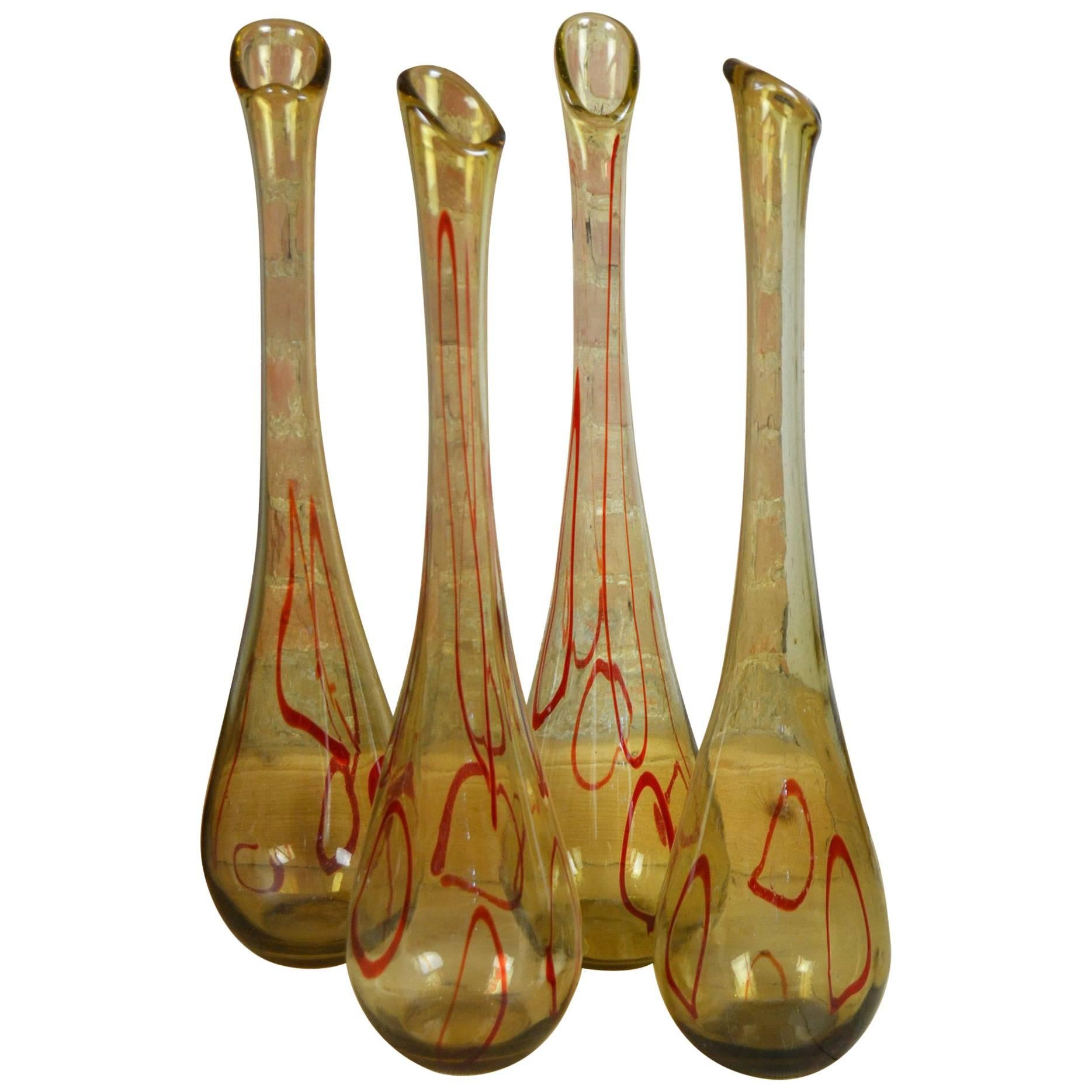 Art Glass Swung Bud Vases, amber and red ribbon swirls , 1960s , 4 pieces 