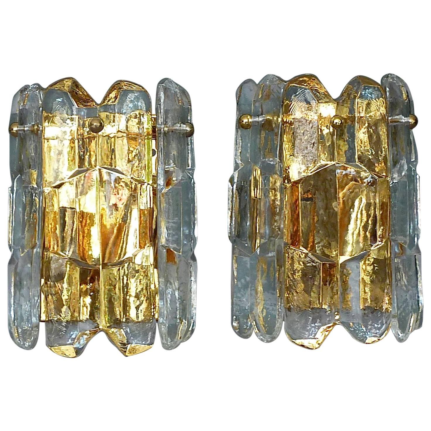 Pair of "Palazzo" Sconces by J.T. Kalmar, Austria, Gilt Brass Crystal Ice Glass
