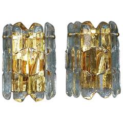Pair of Gilt Brass Crystal Ice Glass "Palazzo" Sconces by J.T. Kalmar, Austria 3