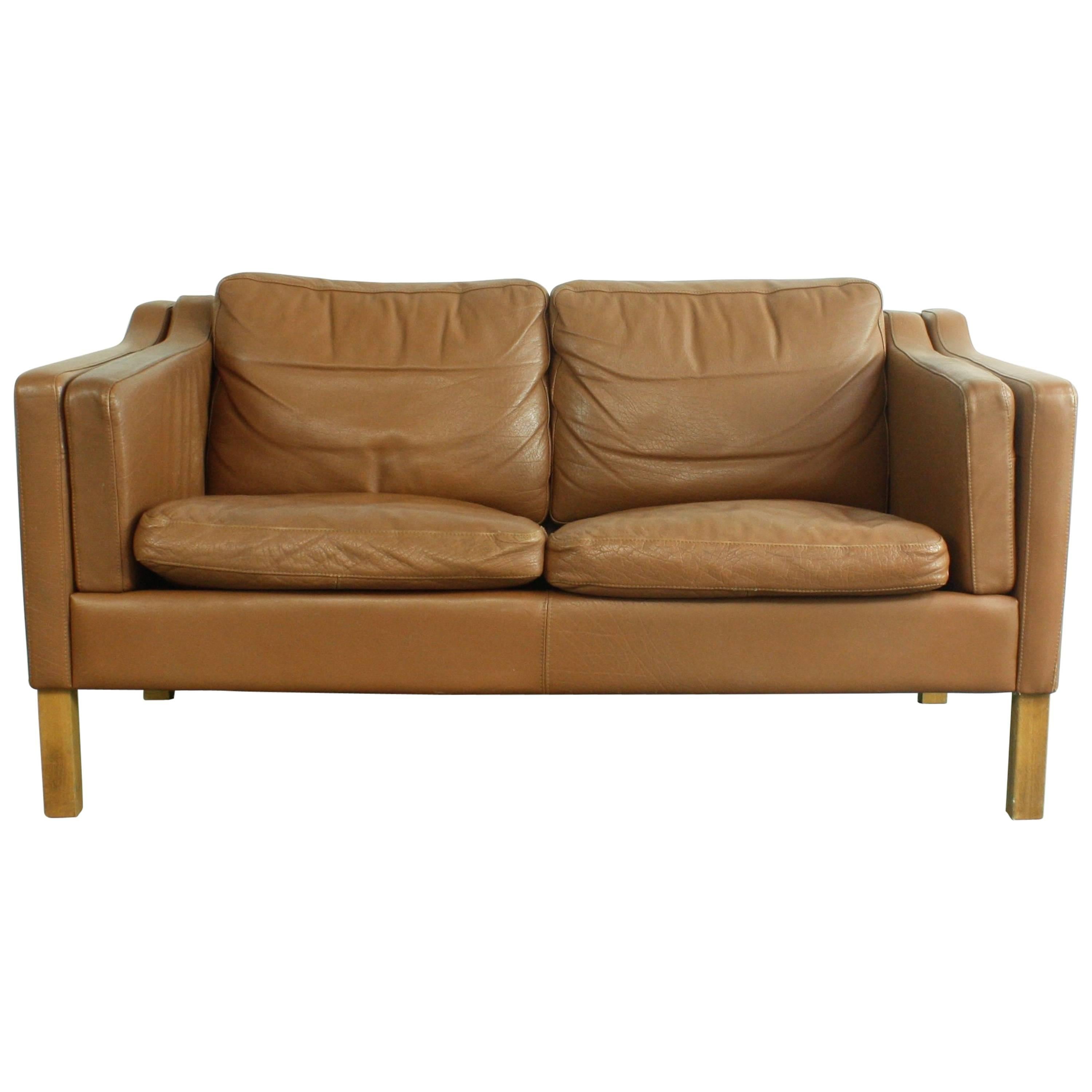 1970s Mid Brown Leather Mogensen Style Two-Seat Sofa