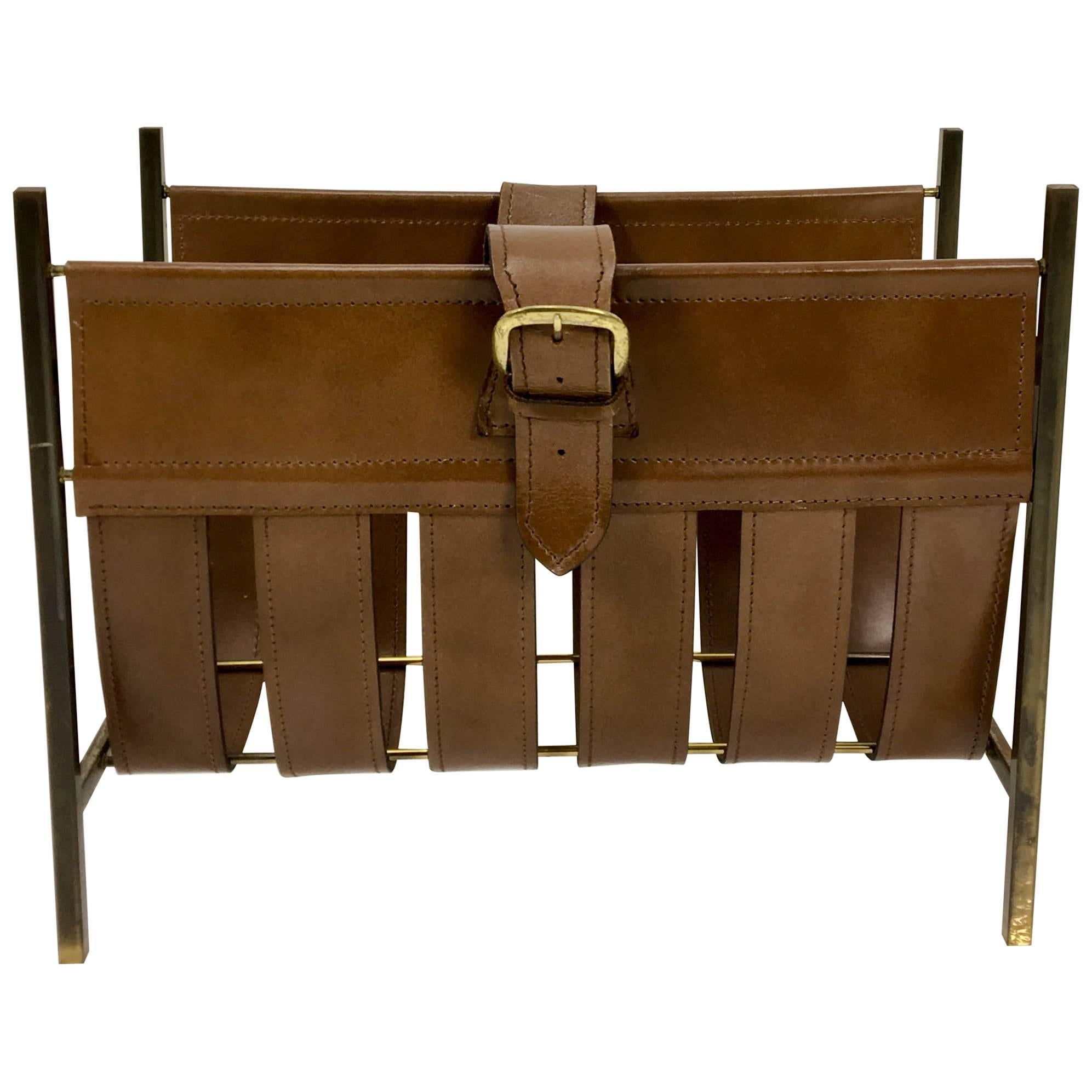 1950s Leather Magazine Rack by Jacques Adnet