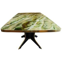 Gorgeous Mid-Century Modern Green Glass Table with Wooden Leg & Brass Detailings