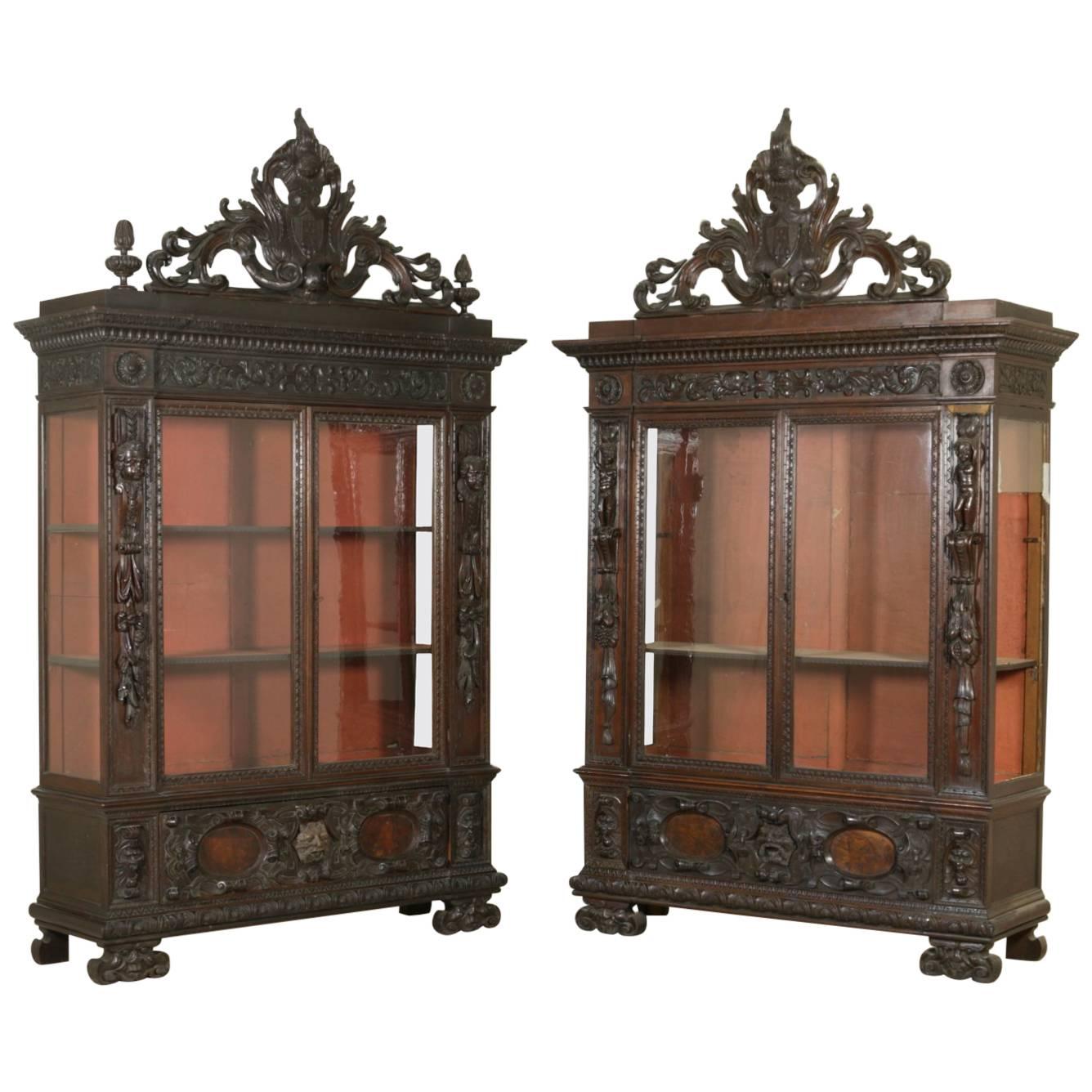 Pair of Late 19th Century Neo-Renaissance Walnut Bookcases