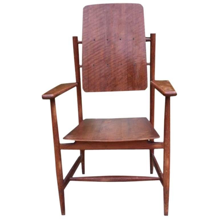 A Scandinavian Style Designer Solid Oak Armchair with a Laminated Back and Seat. For Sale