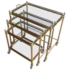 Set of Three Brass Nesting Tables on Casters with Removable Trays