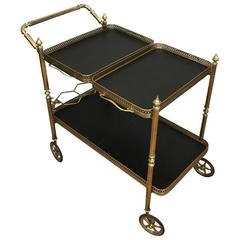 Vintage Neoclassical Brass Bar Cart with Two Removable Black Wooden Trays, circa 1940