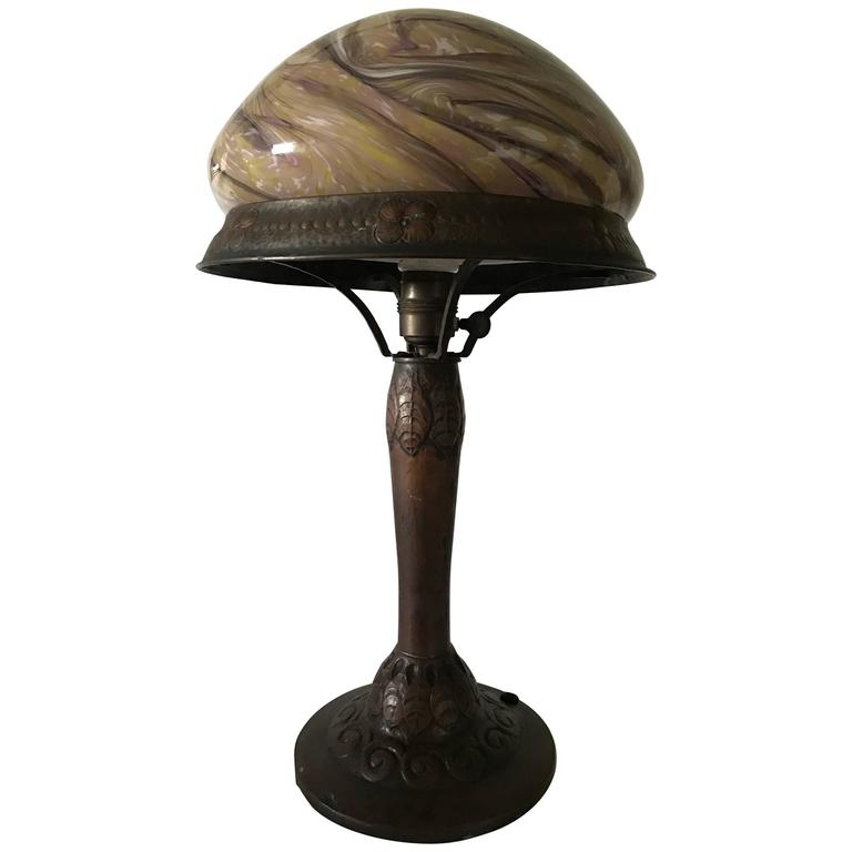 Early 20th Century Swedish Jugend Art Nouveau Copper and Glass Table Lamp For Sale at 1stDibs