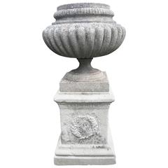 English Cast Stone Melon Urn on Wreath-Decorated Plinth 12