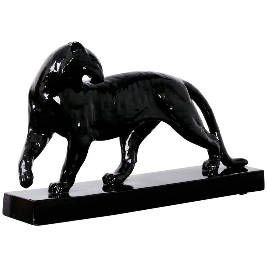 Elegant Ceramic Black Panther by Alexandre Kelety and Marcel Guillard For Sale
