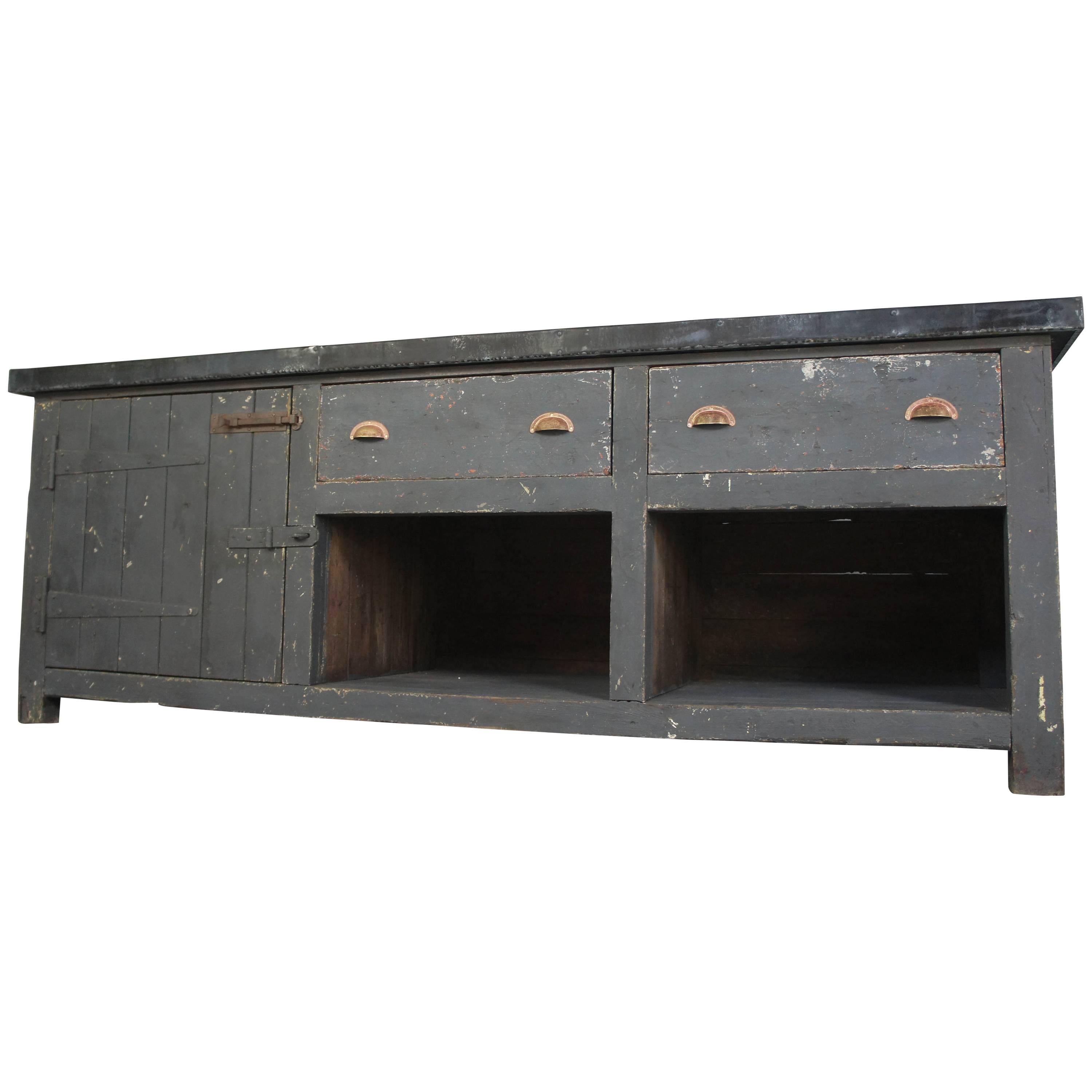 Vintage Industrial Zinc Top Kitchen Table Sideboard