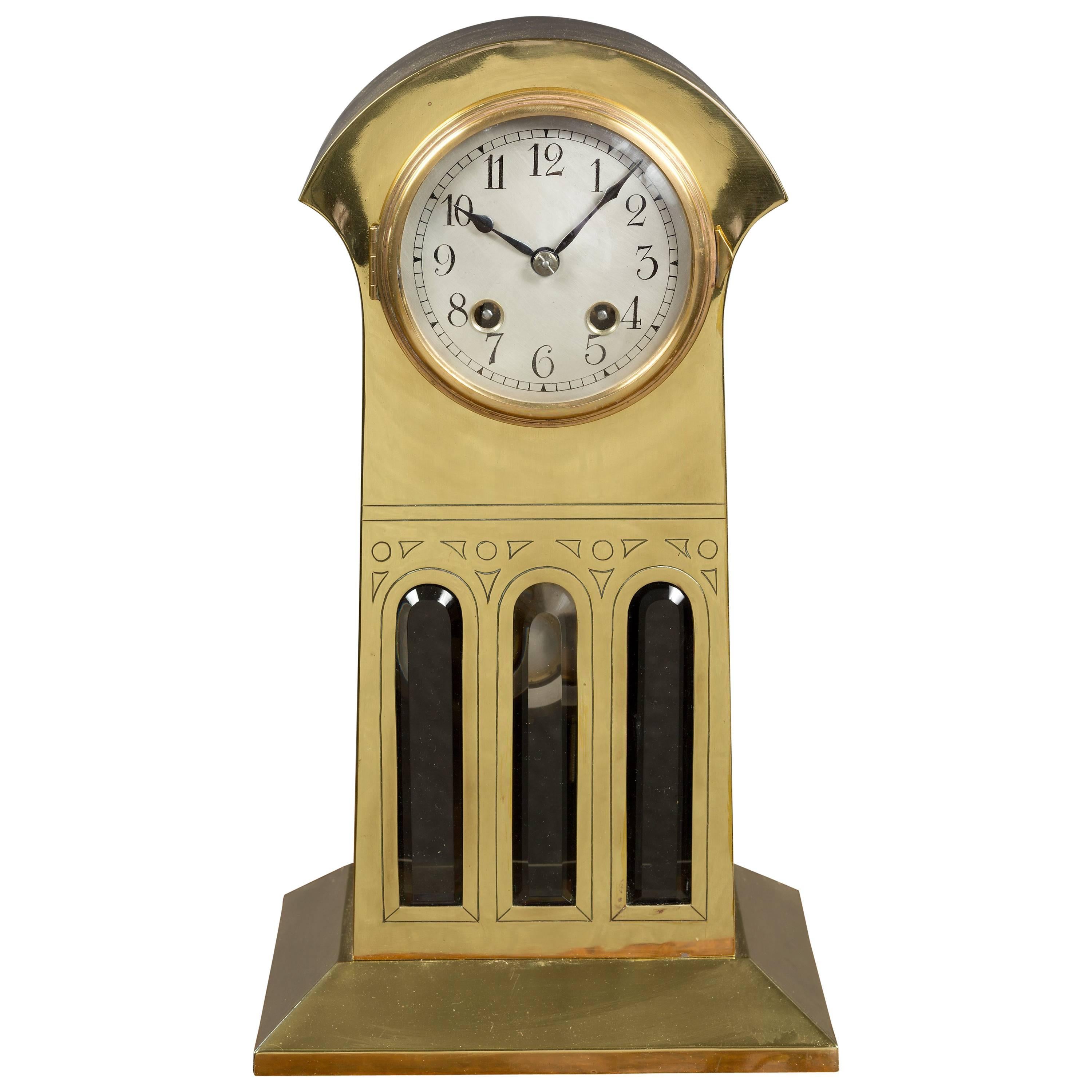 Art Nouveau Brass Cased Mantel Clock For Sale