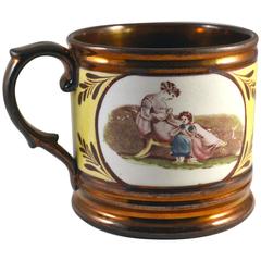 Antique English Pottery Copper Lustre and Yellow Mug with Panels of Adam Buck Figures