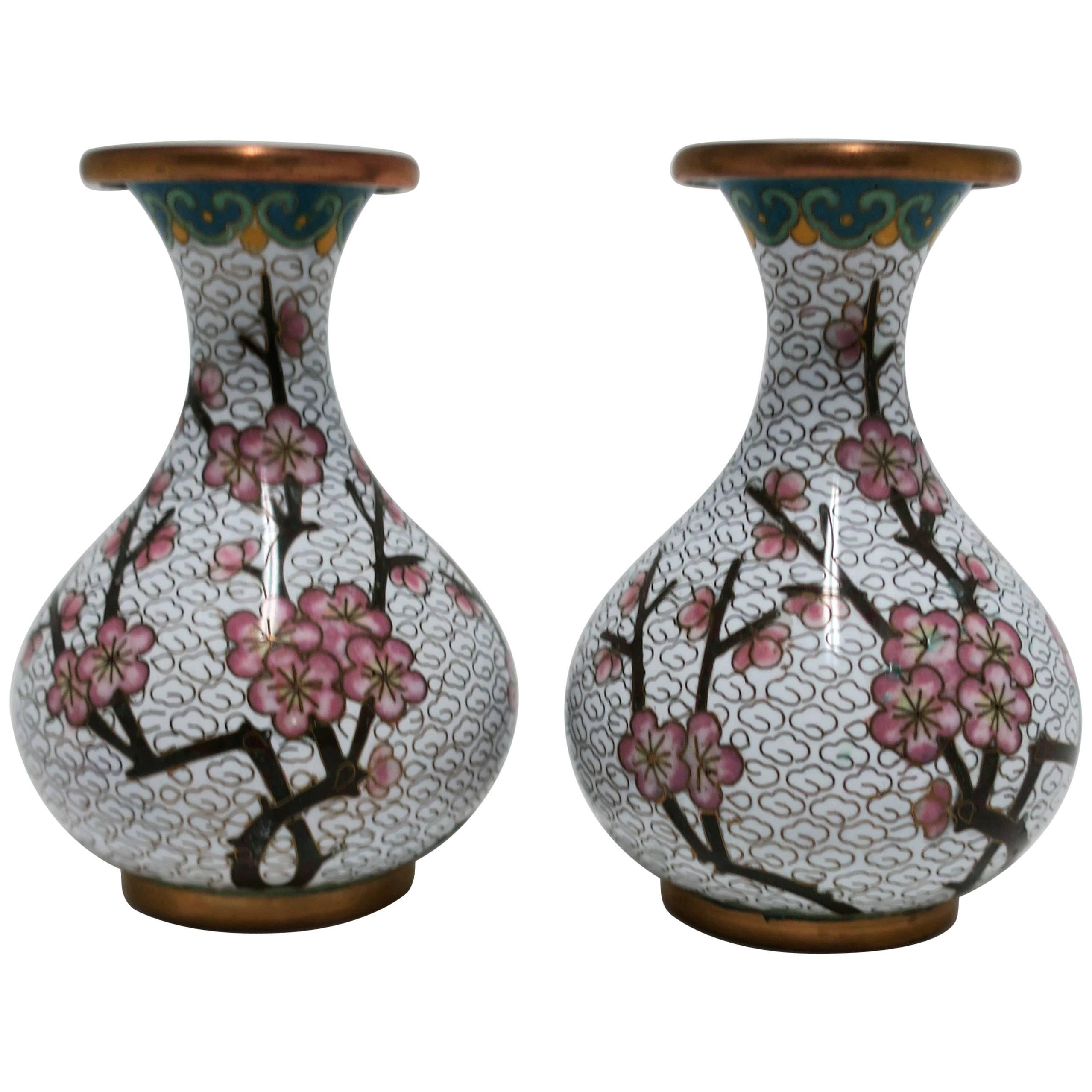 White and Pink Cloisonné Enamel Brass Vases with Cherry Blossom Design, Pair For Sale 6