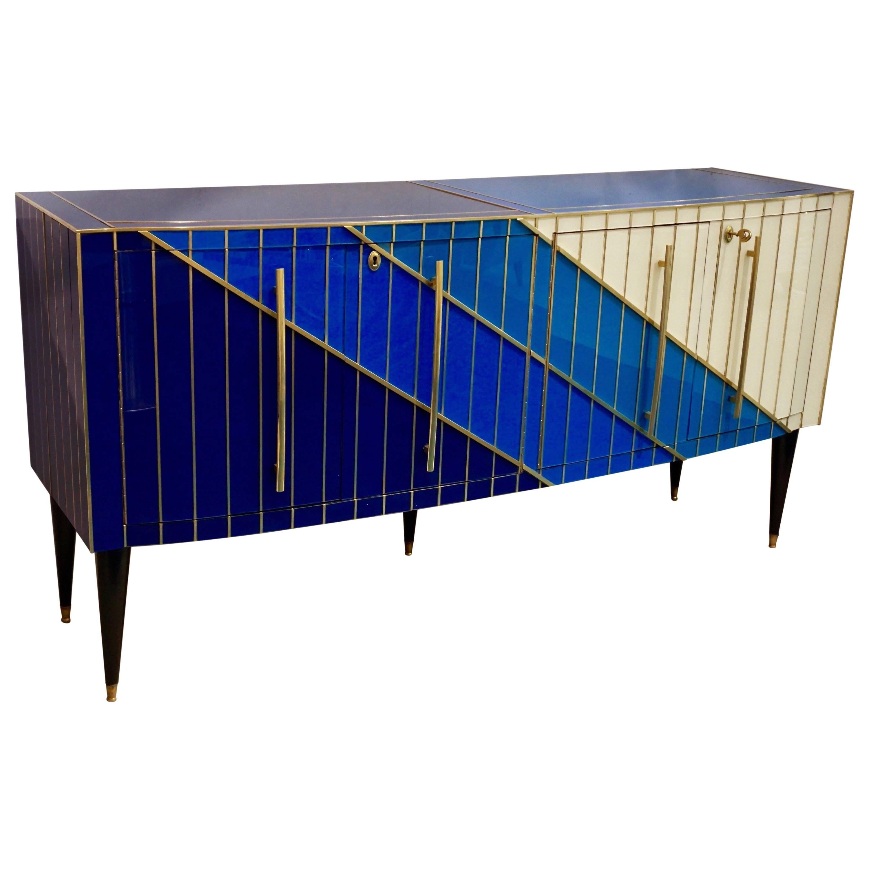 1990s Italian Modern Brass and Glass Bowed Sideboard in Blue and Cream White