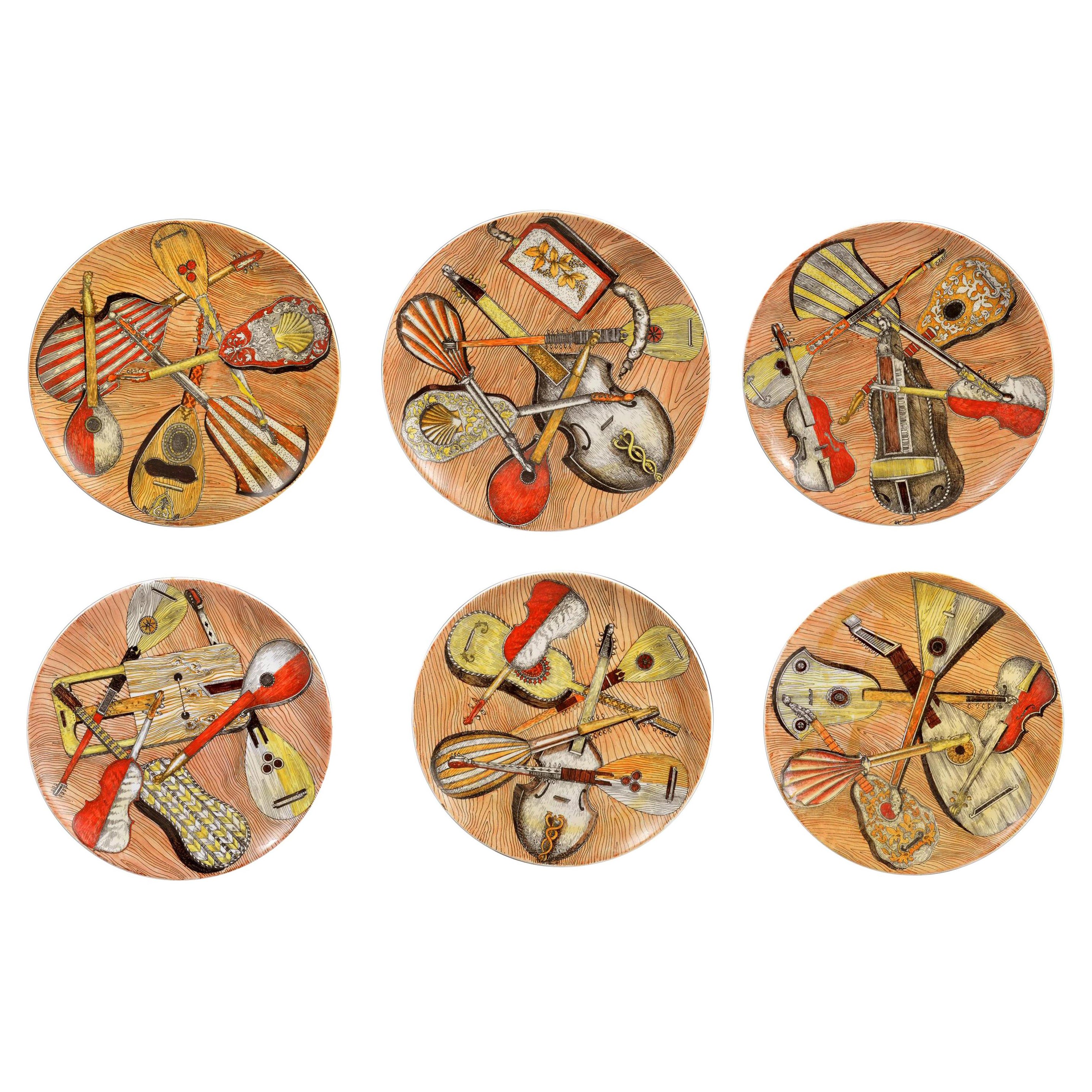 Piero Fornasetti Set di sei piatti Strumenti Musicali, anni '50-'60