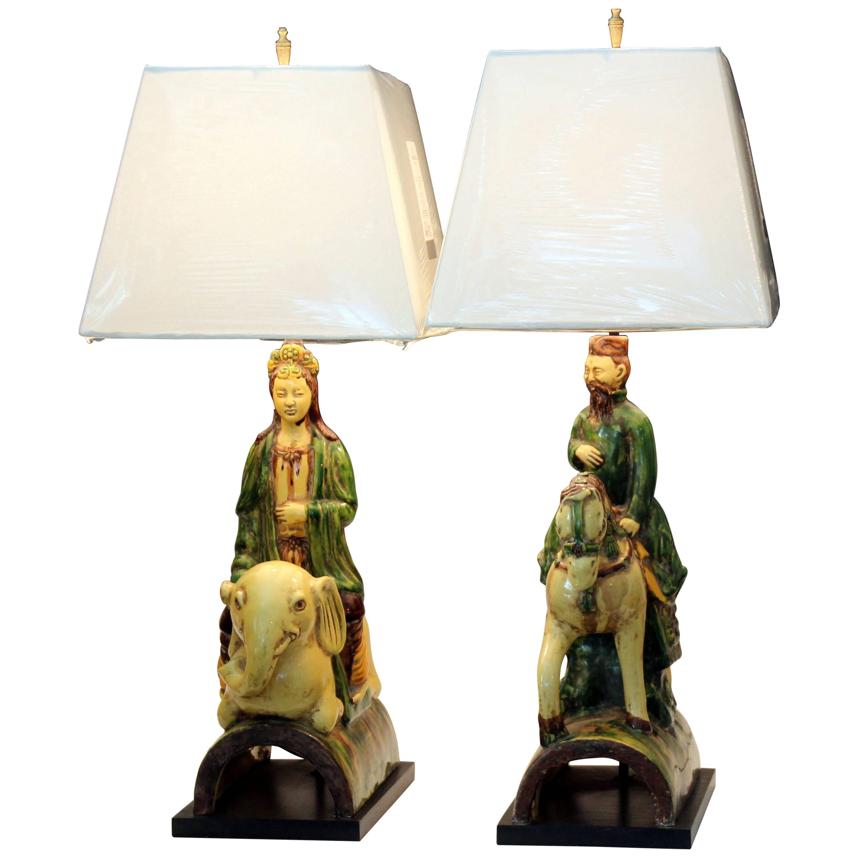 Pair of Zaccagnini Guanyin Buddha Figures Vintage Italian Ming Roof Tile Lamps