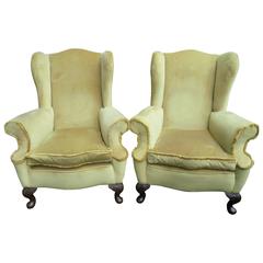 Pair of Antique English Upholstered Wing Armchairs