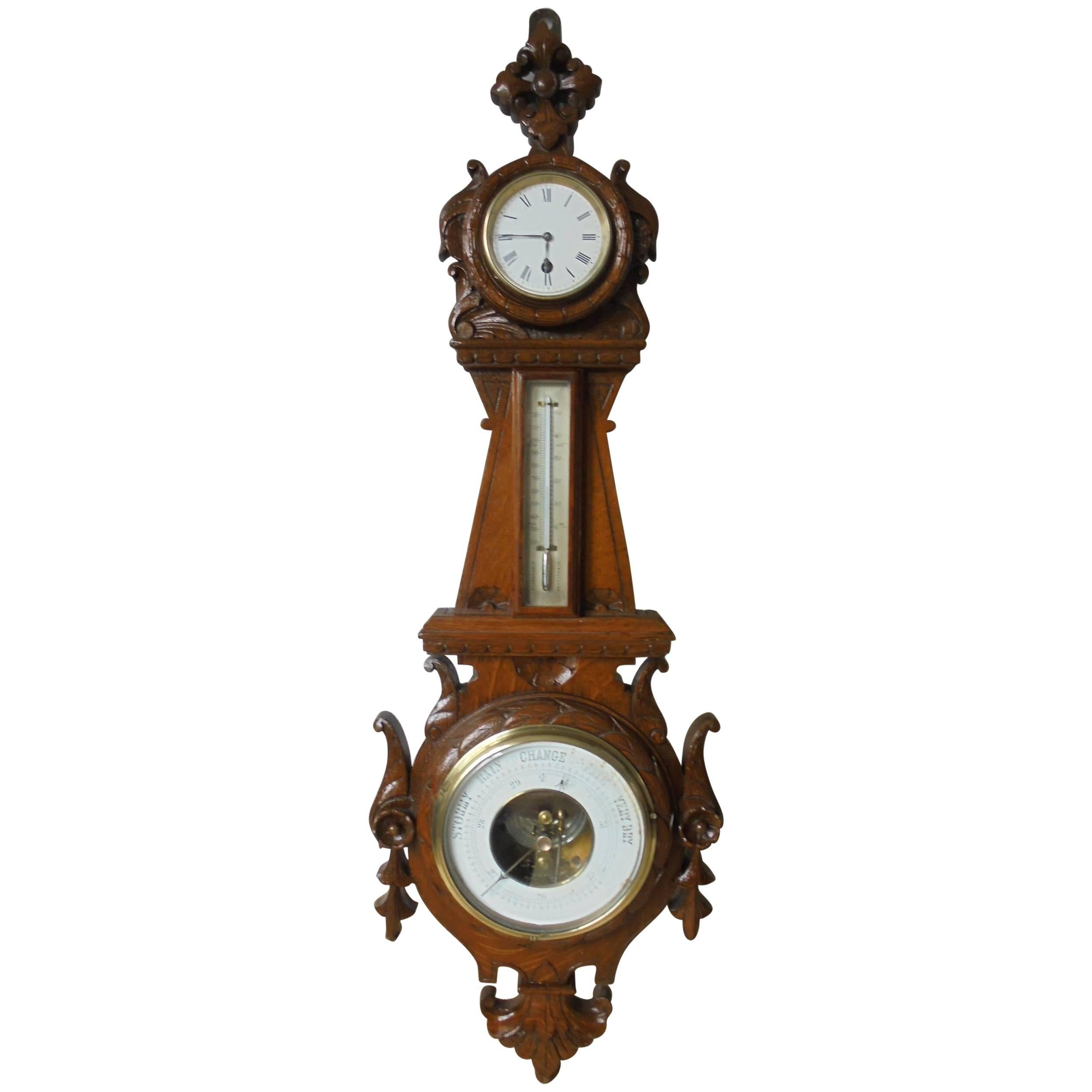Antique Oak Cased Clock Barometer For Sale